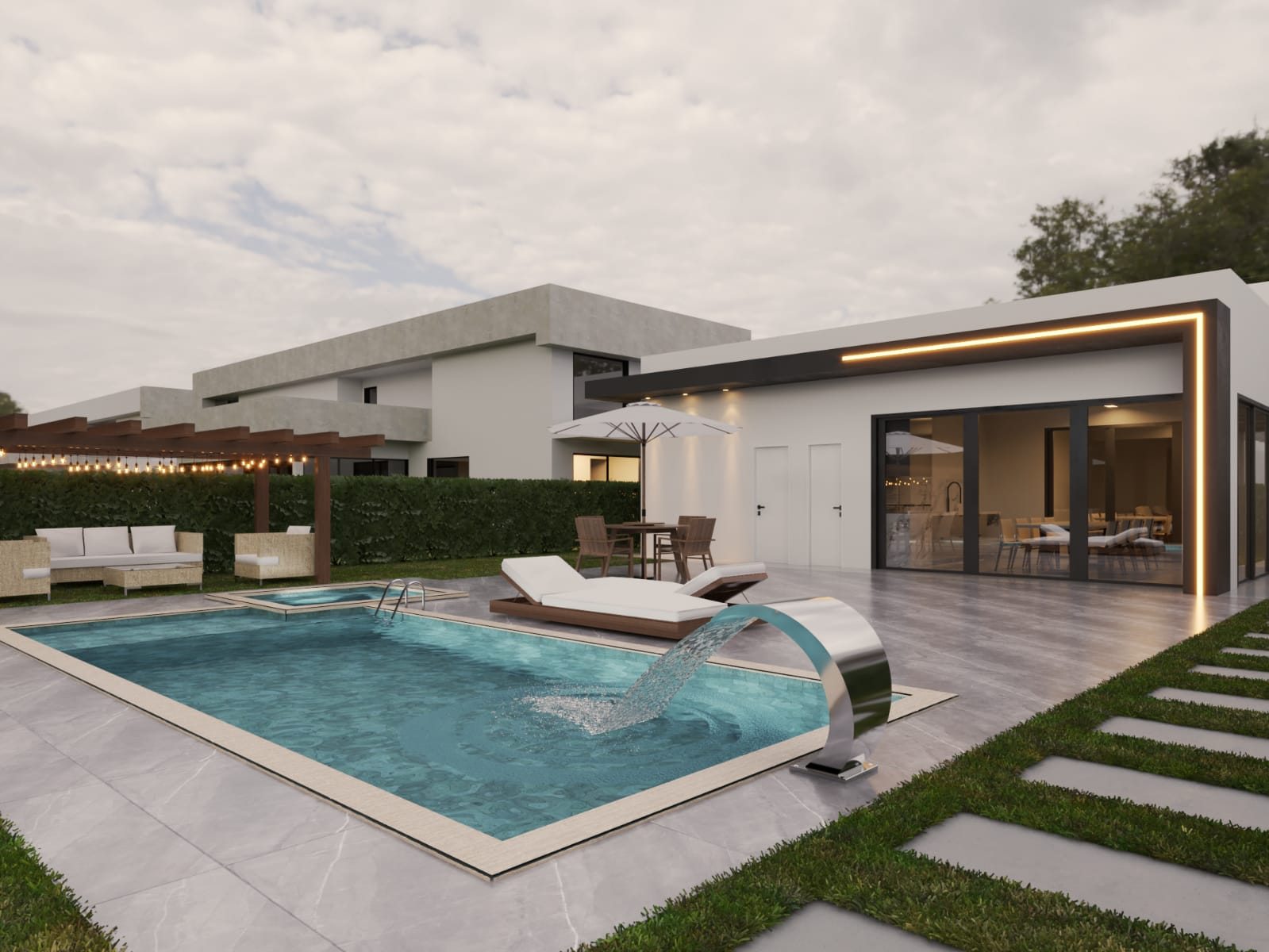 Projeto de área de lazer contemporânea com piscina