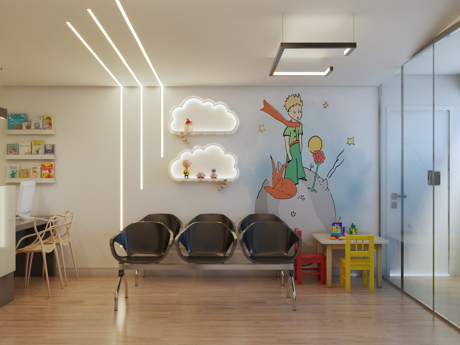 Recepção de clínica de psicologia com espaço infantil