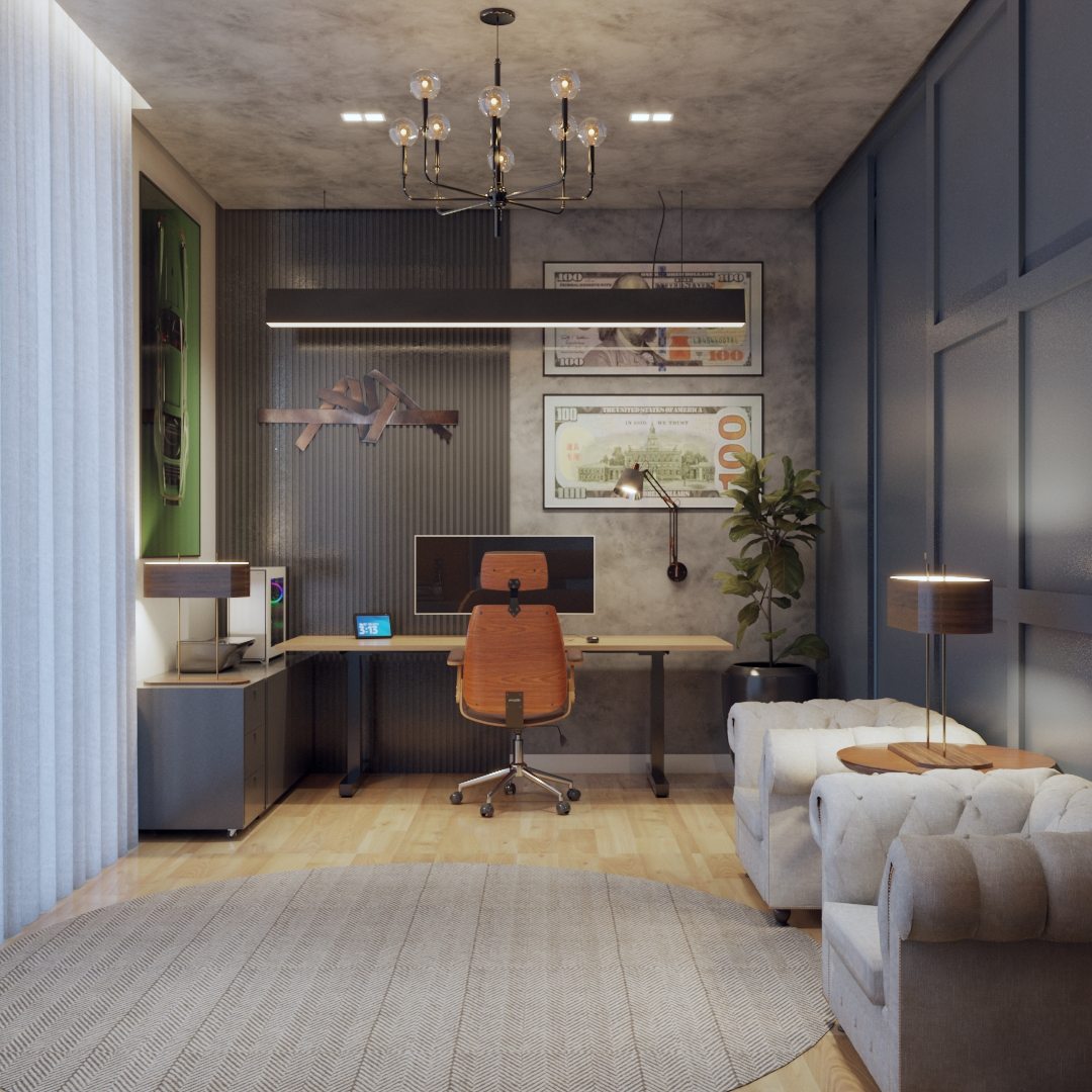 Home office contemporâneo em tons escuros e madeira