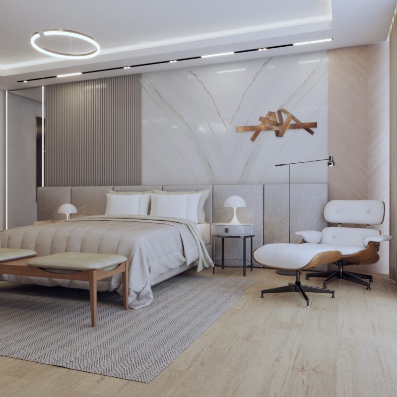 Suíte residencial em tons neutros com painel em pedra